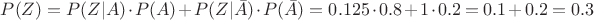 $P(Z)=P(Z|A) \cdot P(A) + P(Z| \bar A) \cdot P( \bar A)=0.125 \cdot 0.8 + 1 \cdot 0.2 = 0.1+0.2=0.3$