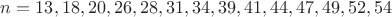 $n = 13, 18, 20, 26, 28, 31, 34, 39, 41, 44, 47, 49, 52, 54$