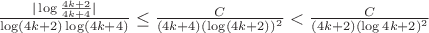 $\frac{|\log\frac{4k+2}{4k+4}|}{\log(4k+2)\log(4k+4)}\le\frac{C}{(4k+4)(\log(4k+2))^2}<\frac{C}{(4k+2)(\log{4k+2})^2}$