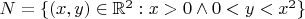 $N=\{(x,y) \in \mathbb{R}^2 : x > 0 \wedge 0 < y < x^2\}$