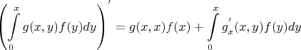 $${\left( \int\limits_0^x g(x,y)f(y)dy \right) }^{'} = g(x,x)f(x) + \int\limits_0^x g_x^{'}(x,y)f(y)dy $$