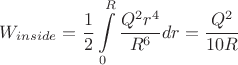 $$W_{inside}=\frac{1}{2}\int\limits_{0}^{R}\frac{Q^2 r^4}{R^6}dr=\frac{Q^2}{10R}$$