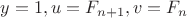 $y=1,u=F_{n+1},v=F_n$