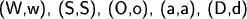 $\textsf{(W,w), (S,S), (O,o), (a,a), (D,d)}$