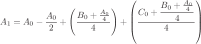 $A_1 = A_0 - \dfrac{A_0}{2} + \left(\dfrac{B_0 + \frac{A_0}{4}}4 \right) + \left(\dfrac{C_0 + \dfrac{B_0 + \frac{A_0}{4}}4}{4}\right)$