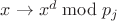 $x\to x^d\bmod {p_j}$