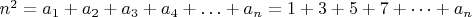 $n^2 = a_1+a_2+a_3+a_4+&hellip; +a_n=1+3+5+7+&hellip;+a_n$