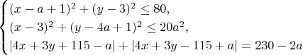 $$\begin{cases}
(x - a + 1)^2 + (y - 3)^2 \le 80, \\
(x - 3)^2 + (y - 4a + 1)^2 \le 20a^2, \\
|4x + 3y + 115 - a| + |4x + 3y - 115 + a| = 230 -  2a\end{case}$$