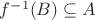 $f^{-1}(B)\subseteq A$