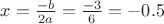 $x = \frac {-b} {2a} = \frac {-3} {6} = -0.5$