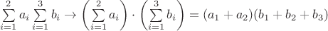$\sum\limits_{i=1}^2a_i\sum\limits_{i=1}^3b_i\to\left(\sum\limits_{i=1}^2a_i\right)\cdot\left(\sum\limits_{i=1}^3b_i\right)=(a_1+a_2)(b_1+b_2+b_3)$