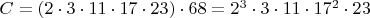$C=(2\cdot 3\cdot 11\cdot 17\cdot 23)\cdot 68=2^3\cdot 3\cdot 11\cdot 17^2\cdot 23$