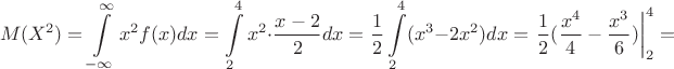 $$M(X^2)=\int\limits_{-\infty}^{\infty}x^2f(x)dx=\int\limits_{2}^{4}x^2\cdot \dfrac{x-2}{2}dx=
\dfrac{1}2\int\limits_{2}^{4}(x^3-2x^2)dx=\left.\dfrac{1}{2}(\dfrac{x^4}{4}-\dfrac{x^3}{6})\right|_{2}^4=$$