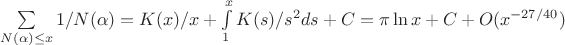 $\sum\limits_{N(\alpha)\leq x}1/N(\alpha)= K(x)/x + \int \limits_1^xK(s)/s^2ds +C=\pi \ln x + C+O(x^{-27/40})$