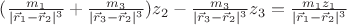 $(\frac{m_1}{|\vec r_1- \vec r_2|^3}+\frac{m_3}{|\vec r_3- \vec r_2|^3})z_2-\frac{m_3}{|\vec r_3- \vec r_2|^3}z_3=\frac{m_1 z_1}{|\vec r_1- \vec r_2|^3}$