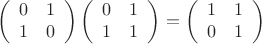 $$\left(\begin{array}{ll}
0 & 1\\
1 & 0\\
\end{array}\right)
\left(\begin{array}{ll}
0 & 1\\
1 & 1\\
\end{array}\right)=
\left(\begin{array}{ll}
1 & 1\\
0 & 1\\
\end{array}\right)$$