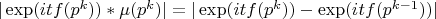 $|\exp(it f(p^k)) * \mu(p^k)| = |\exp(it f(p^k)) - \exp(it f(p^{k-1}))|$