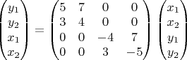 $\begin{pmatrix}y_{1}\\
y_{2}\\
x_{1}\\
x_{2}
\end{pmatrix}=\begin{pmatrix}5 & 7 & 0 & 0\\
3 & 4 & 0 & 0\\
0 & 0 & -4 & 7\\
0 & 0 & 3 & -5
\end{pmatrix}\begin{pmatrix}x_{1}\\
x_{2}\\
y_{1}\\
y_2
\end{pmatrix}$