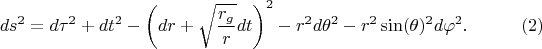 $$
ds^2 = d\tau^2 + dt^2 - \left( dr + \sqrt{\frac{r_g}{r}} dt \right)^2 - r^2 d\theta^2 - r^2 \sin(\theta)^2 d \varphi^2. \eqno(2)
$$