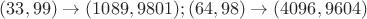 $(33,99)\to (1089,9801); (64,98)\to (4096,9604)$