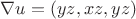 $\nabla u  = (yz, xz, yz)$