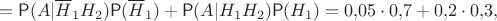 $$=\mathsf P(A|\overline H_1H_2)\mathsf P(\overline H_1)+\mathsf P(A|H_1H_2)\mathsf P(H_1) = 0{,}05\cdot 0{,}7+0{,}2\cdot 0{,}3,$$