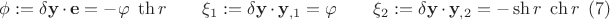 $$\phi : = \delta {\mathbf{y}} \cdot {\mathbf{e}} =  - \varphi ~\th r \qquad \xi _1 : = \delta {\mathbf{y}} \cdot {\mathbf{y}}_{,1}  = \varphi  \qquad \xi _2 : = \delta {\mathbf{y}} \cdot {\mathbf{y}}_{,2}  =  - \sh r~\ch r  \eqno (7)$$