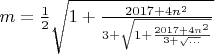 $m=\frac{1}{2}\sqrt{1+\frac{2017+4n^2}{3+\sqrt{1+\frac{2017+4n^2}{3+\sqrt{...}}}}}$