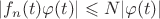 $\lvert f_n(t) \varphi(t)\rvert \leqslant N\lvert\varphi(t)\rvert$