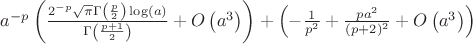 $a^{-p} \left(\frac{2^{-p} \sqrt{\pi } \Gamma \left(\frac{p}{2}\right) \log (a)}{\Gamma \left(\frac{p+1}{2}\right)}+O\left(a^3\right)\right)+\left(-\frac{1}{p^2}+\frac{p a^2}{(p+2)^2}+O\left(a^3\right)\right) $