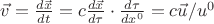 $\vec{v}=\frac{d\vec{x}}{dt}=c\frac{d\vec{x}}{d\tau}\cdot\frac{d\tau}{dx^0}= c\vec{u}/u^0