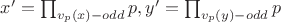 $x'=\prod_{v_p(x)-odd}p, y'=\prod_{v_p(y)-odd}p$