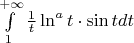 $\[
\int\limits_1^{ + \infty } {\frac{1}{t}\ln ^a t \cdot \sin tdt} 
\]$