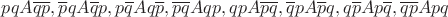 $ p q A \overline q \overline p,  \overline p q A \overline q p,  p \overline q A q \overline p,  \overline p \overline q A q p,  q p A \overline p \overline q,  \overline q p A \overline p q,  q \overline p A p \overline q,  \overline q \overline p A p q$