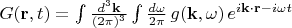 $G(\mathbf{r}, t)=\int \frac{d^3\mathbf{k}}{(2\pi)^3}\int \frac{d\omega}{2 \pi} \, g(\mathbf{k}, \omega) \, e^{i \mathbf{k} \cdot \mathbf{r}-i \omega t}$