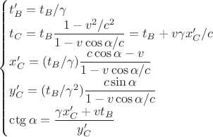 $\begin{cases}t'_B=t_B/\gamma \\ t_C=t_B\dfrac{1-v^2/c^2}{1-v\cos\alpha/c}=t_B+v\gamma x'_C/c \\ x'_C=(t_B/\gamma)\dfrac{c\cos\alpha-v}{1-v\cos\alpha/c} \\ y'_C=(t_B/\gamma^2)\dfrac{c\sin\alpha}{1-v\cos\alpha/c} \\ \ctg\alpha=\dfrac{\gamma x'_C+vt_B}{y'_C}\end{cases}$