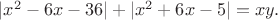 $|x^2-6x-36| + |x^2 +6x-5| = xy.$