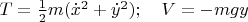 $T=\frac{1}{2}m(\dot x^2+\dot y^2);\quad V=-mgy$