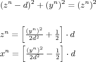 \[
\begin{gathered}
  (z^n  - d)^2  + (y^n )^2  = (z^n )^2  \hfill \\
   \hfill \\
  z^n  = \left[ {\tfrac{{(y^n )^2 }}
{{2d^2 }} + \tfrac{1}
{2}} \right] \cdot d \hfill \\
  x^n  = \left[ {\tfrac{{(y^n )^2 }}
{{2d^2 }} - \tfrac{1}
{2}} \right] \cdot d \hfill \\ 
\end{gathered} 
\]