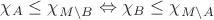 $\chi_A\le\chi_{M\setminus B}\Leftrightarrow\chi_B\le\chi_{M\setminus A}$