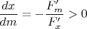 $\dfrac{dx}{dm}=-\dfrac{F'_m}{F'_x}>0$