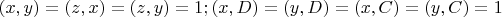 $(x,y)=(z,x)=(z,y)=1;(x,D)=(y,D)=(x,C)=(y,C)=1$