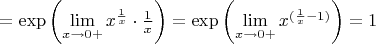 $=\exp\left(\lim\limits_{x\to 0+}x^{\frac1x}\cdot{\frac1x}}\right)=\exp\left(\lim\limits_{x\to 0+}x^{(\frac1x-1)}}\right)=1$