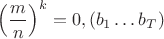 $$\left(\frac mn\right)^k=0,(b_1\ldots b_T)$$