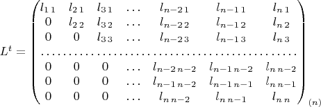 $L^{t}=\begin{pmatrix}l_{1\,1} & l_{2\,1} & l_{3\,1} & \ldots & l_{n-2\,1} & l_{n-1\,1} & l_{n\,1}\\
0 & l_{2\,2} & l_{3\,2} & \ldots & l_{n-2\,2} & l_{n-1\,2} & l_{n\,2}\\
0 & 0 & l_{3\,3} & \ldots & l_{n-2\,3} & l_{n-1\,3} & l_{n\,3}\\
\hdotsfor{7}\\
0 & 0 & 0 & \ldots & l_{n-2\,n-2} & l_{n-1\,n-2} & l_{n\,n-2}\\
0 & 0 & 0 & \ldots & l_{n-1\,n-2} & l_{n-1\,n-1} & l_{n\,n-1}\\
0 & 0 & 0 & \ldots & l_{n\,n-2} & l_{n\,n-1} & l_{n\,n}
\end{pmatrix}_{(n)}$