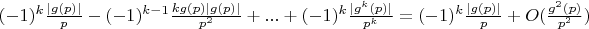 $(-1)^k\frac {|g(p)|}{p}-(-1)^{k-1}\frac {kg(p)|g(p)|}{p^2}+...+(-1)^k\frac {|g^k(p)|}{p^k}=(-1)^k\frac {|g(p)|}{p}+O(\frac {g^2(p)}{p^2})$