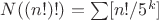 $N((n!)!)=\sum[n!/5^k]$