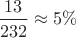 $\dfrac {13} {232} \approx 5\%$