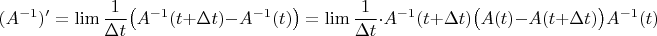 $$(A^{-1})'=\lim\frac1{\Delta t}\big(A^{-1}(t+\Delta t)-A^{-1}(t)\big)=\lim\frac1{\Delta t}\cdot A^{-1}(t+\Delta t)\big(A(t)-A(t+\Delta t)\big)A^{-1}(t)$$