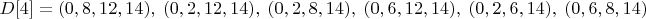 $D[4]=(0,8,12,14),\;(0,2,12,14),\;(0,2,8,14),\;(0,6,12,14),\;(0,2,6,14),\;(0,6,8,14)$